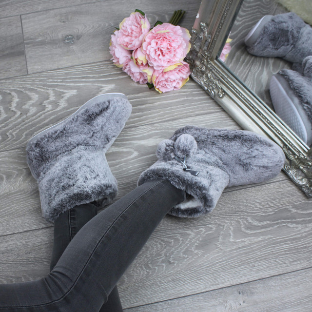 Model wearing Grey Fur Fur Lined Winter Ankle Boots Slippers Booties