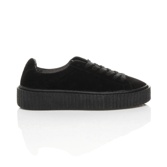 Right side view of Black / Black Sole Suede Platform Flatform Creepers Trainers
