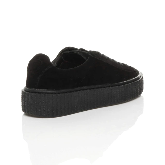 Back right side view of Black / Black Sole Suede Platform Flatform Creepers Trainers