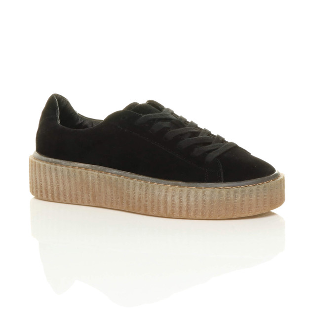 Front right side view of Black / Gum Sole Suede Platform Flatform Creepers Trainers