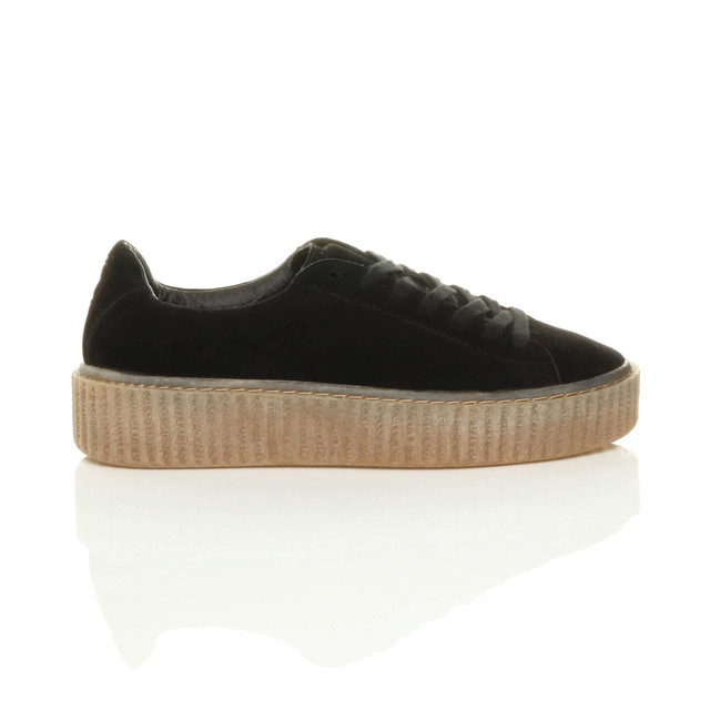 Right side view of Black / Gum Sole Suede Platform Flatform Creepers Trainers