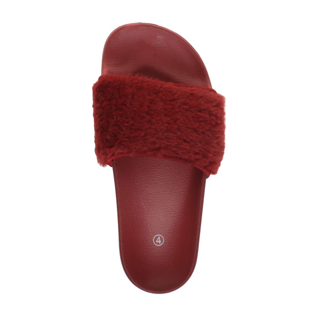 Top view of Burgundy Fur Flat Faux Fur Sandals Sliders