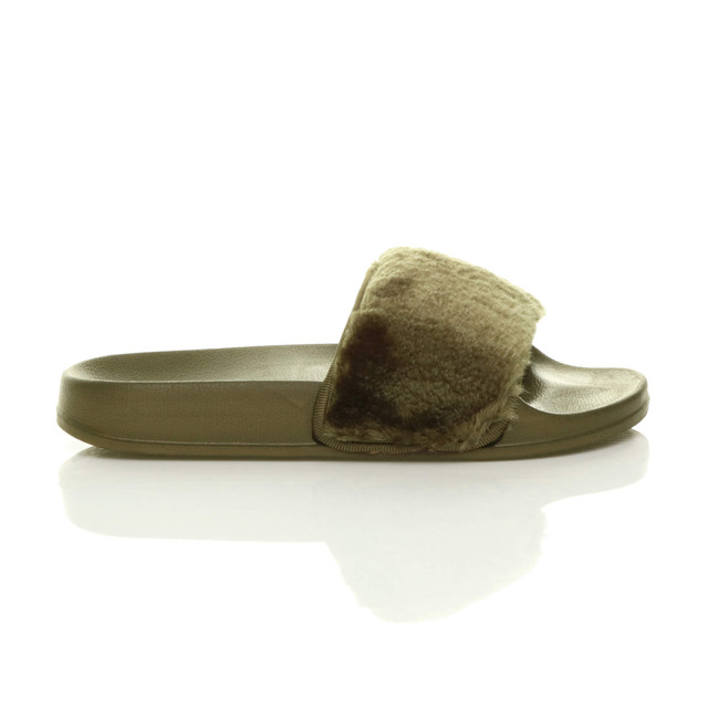 Right side view of Khaki Fur Flat Faux Fur Sandals Sliders