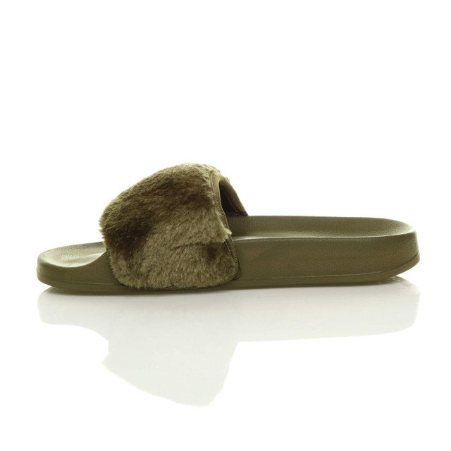 Left side view of Khaki Fur Flat Faux Fur Sandals Sliders
