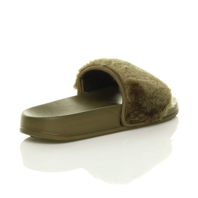Back right side view of Khaki Fur Flat Faux Fur Sandals Sliders