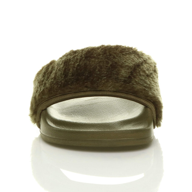 Front view of Khaki Fur Flat Faux Fur Sandals Sliders