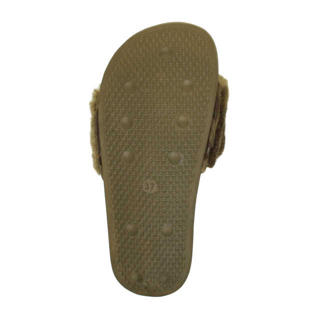 Bottom view of the sole of Khaki Fur Flat Faux Fur Sandals Sliders