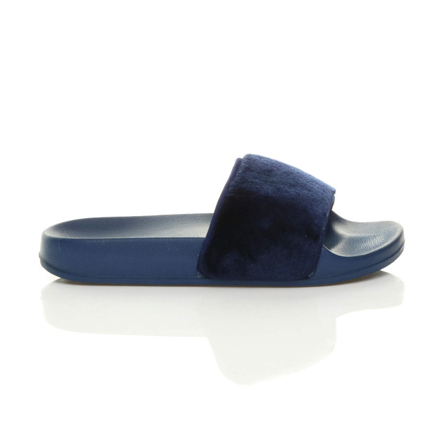 Right side view of Navy Fur Flat Faux Fur Sandals Sliders