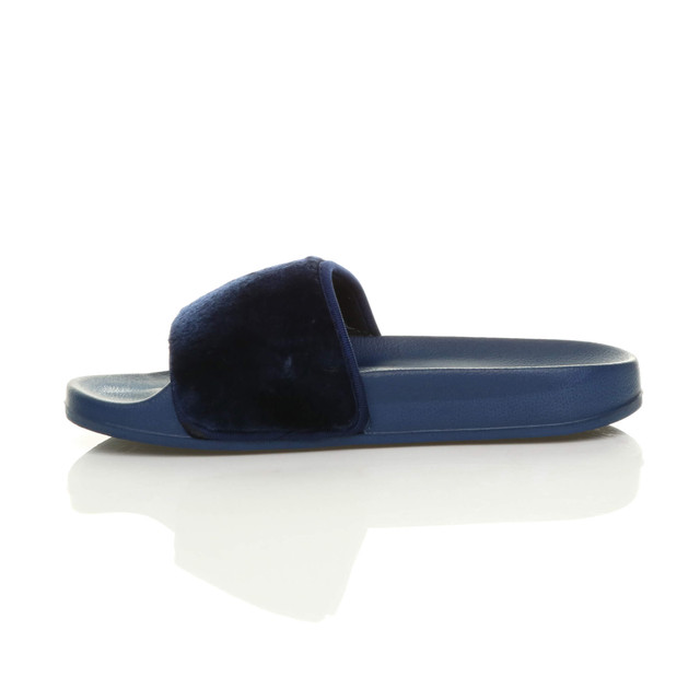 Left side view of Navy Fur Flat Faux Fur Sandals Sliders