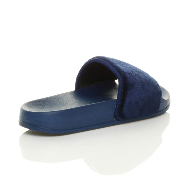 Back right side view of Navy Fur Flat Faux Fur Sandals Sliders