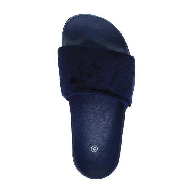 Top view of Navy Fur Flat Faux Fur Sandals Sliders