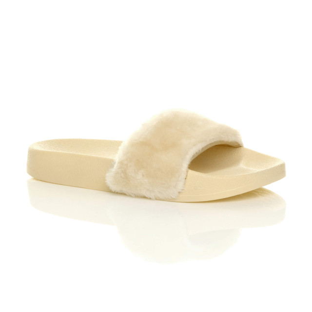 Front right side view of Beige Fur Flat Faux Fur Sandals Sliders