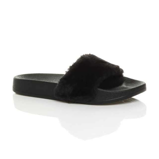 Front right side view of Black Fur Flat Faux Fur Sandals Sliders