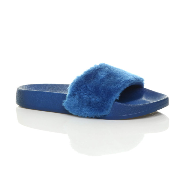 Front right side view of Blue Fur Flat Faux Fur Sandals Sliders