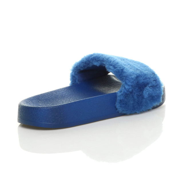 Back right side view of Blue Fur Flat Faux Fur Sandals Sliders