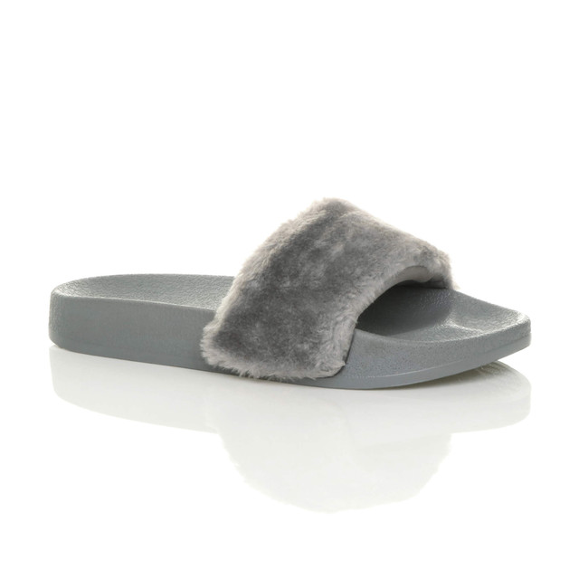 Front right side view of Grey Fur Flat Faux Fur Sandals Sliders