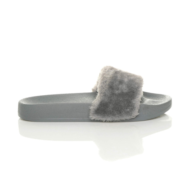 Right side view of Grey Fur Flat Faux Fur Sandals Sliders