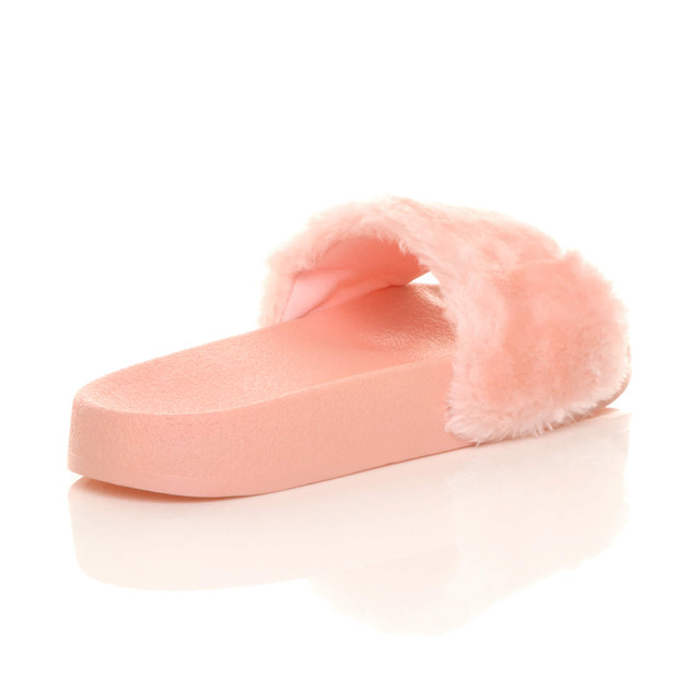 Back right side view of Pink Fur Flat Faux Fur Sandals Sliders