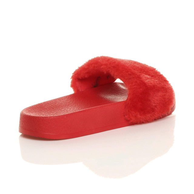 Back right side view of Red Fur Flat Faux Fur Sandals Sliders