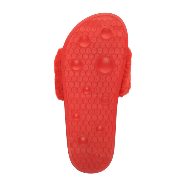 Bottom view of the sole of Red Fur Flat Faux Fur Sandals Sliders