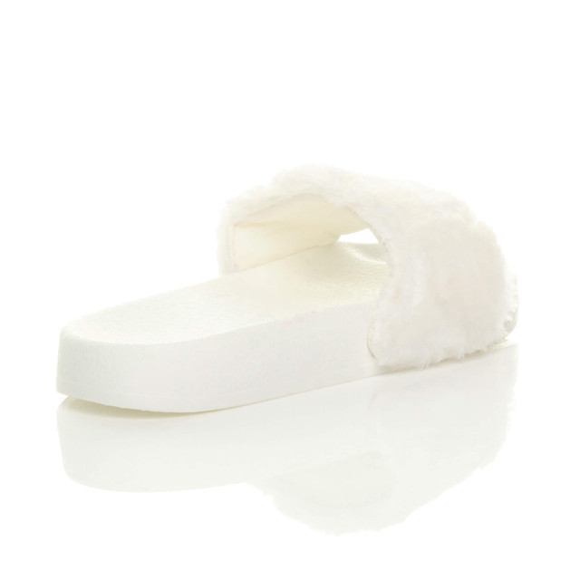 Back right side view of White Fur Flat Faux Fur Sandals Sliders