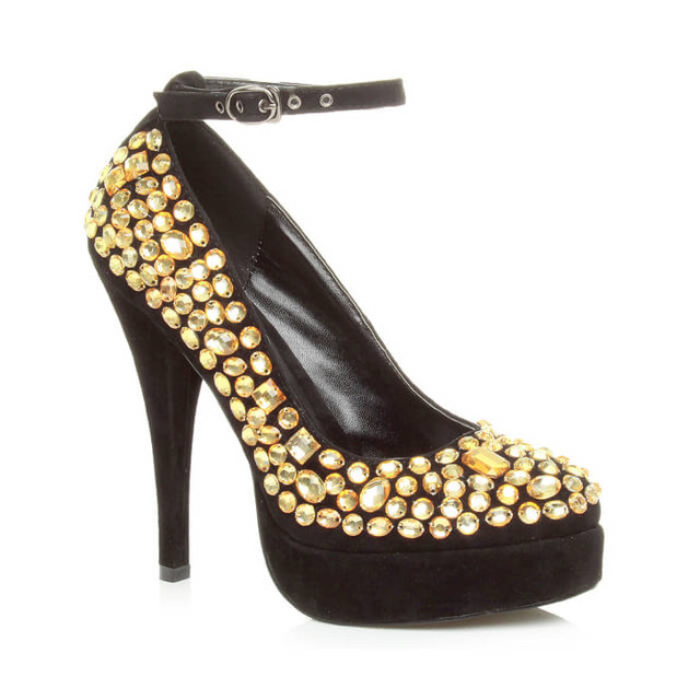 Front right side view of Gold Suede High Heel Ankle Strap Diamante Gem Court Shoes