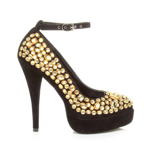 Right side view of Gold Suede High Heel Ankle Strap Diamante Gem Court Shoes