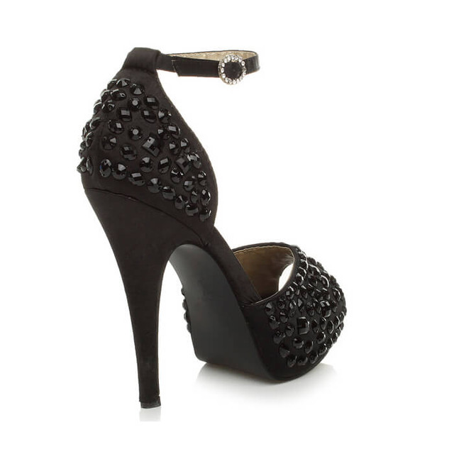 Back right side view of Black / Black Satin High Heel Ankle Strap Diamante Gem Platform Sandals