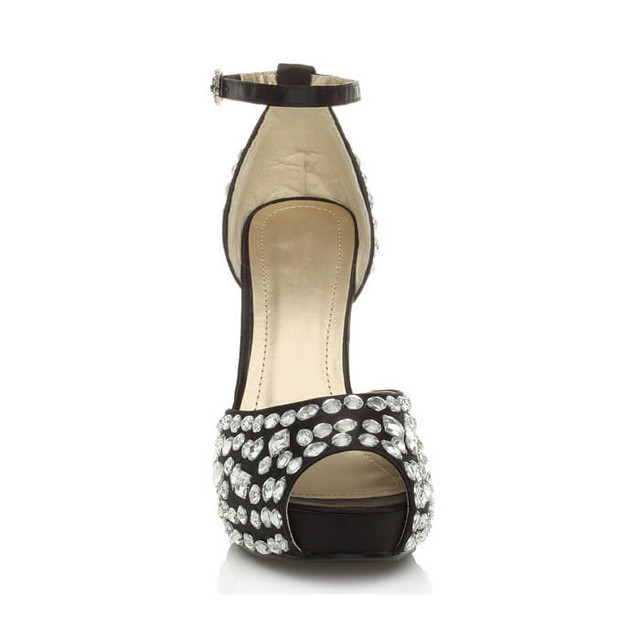 Front view of Black / White Satin High Heel Ankle Strap Diamante Gem Platform Sandals