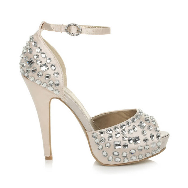 Right side view of Nude Satin High Heel Ankle Strap Diamante Gem Platform Sandals