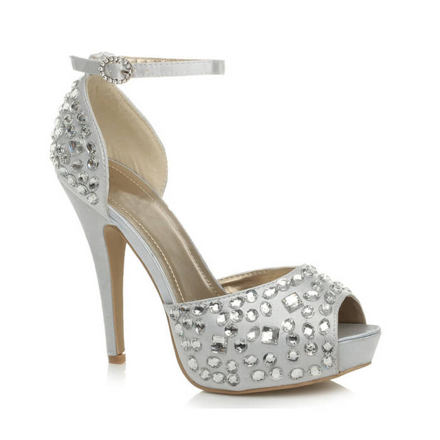 Front right side view of Silver Satin High Heel Ankle Strap Diamante Gem Platform Sandals