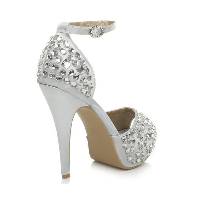 Back right side view of Silver Satin High Heel Ankle Strap Diamante Gem Platform Sandals