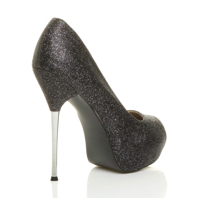 Back right side view of Black Glitter High Heel d'Orsay Platform Peep Toe Court Shoes