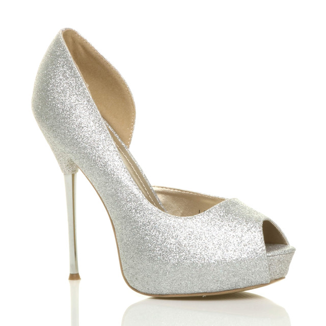 Front right side view of Silver Glitter High Heel d'Orsay Platform Peep Toe Court Shoes