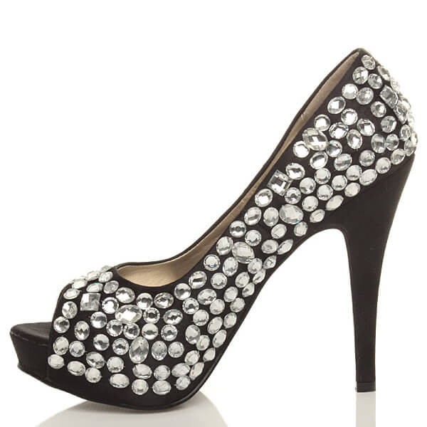 Back right side view of Black / White Satin High Heel Diamante Gem Peep Toe Court Shoes