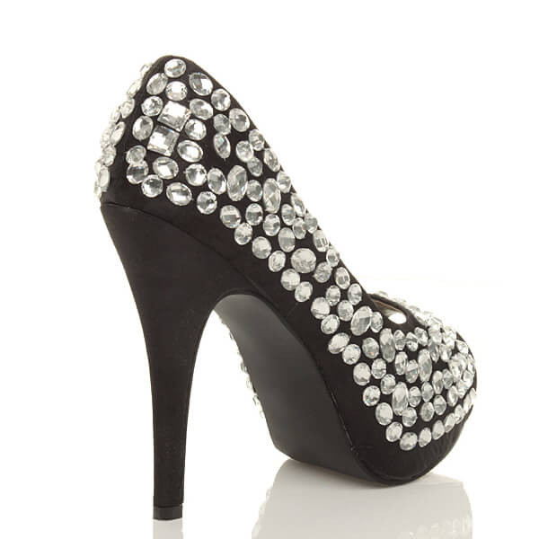 Front view of Black / White Satin High Heel Diamante Gem Peep Toe Court Shoes