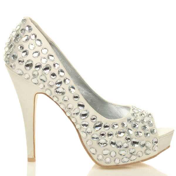 Right side view of Ivory Satin High Heel Diamante Gem Peep Toe Court Shoes