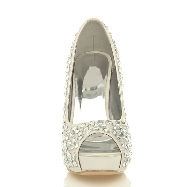 Left side view of Ivory Satin High Heel Diamante Gem Peep Toe Court Shoes
