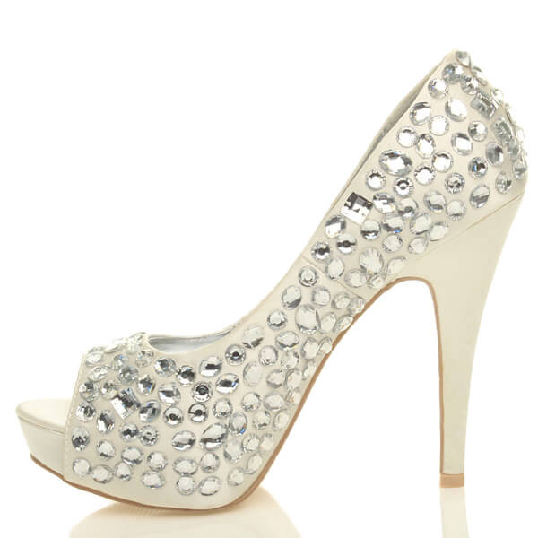 Back right side view of Ivory Satin High Heel Diamante Gem Peep Toe Court Shoes