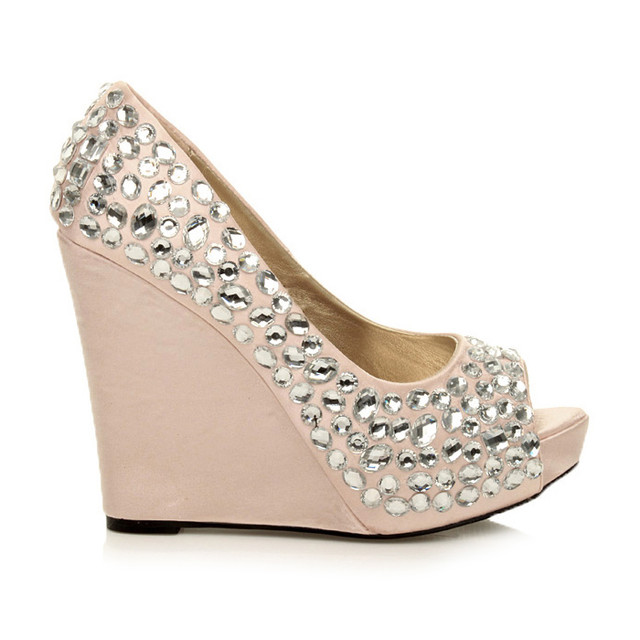 Right side view of Champagne Satin High Heel Wedge Diamante Gem Peep Toe Shoes