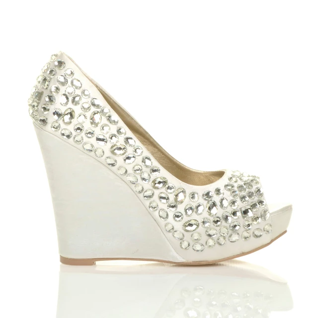Right side view of White Satin High Heel Wedge Diamante Gem Peep Toe Shoes