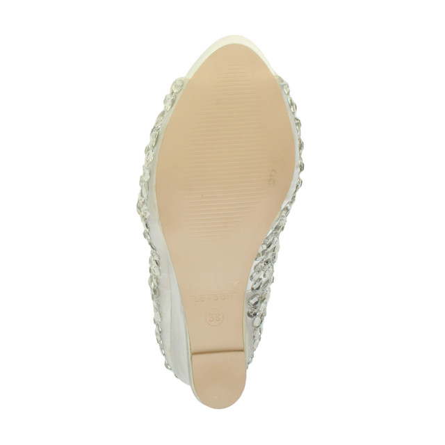 Bottom view of the sole of White Satin High Heel Wedge Diamante Gem Peep Toe Shoes