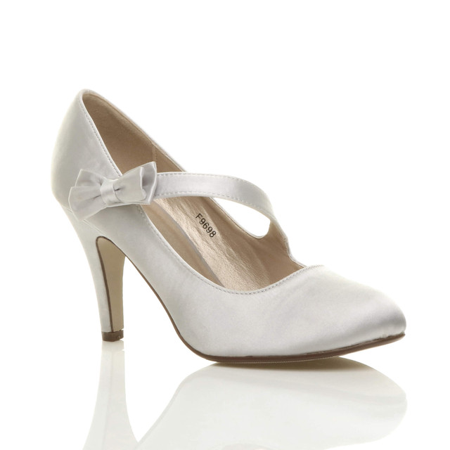 Front right side view of Silver Satin High Heel Mary Jane Strap Bow Court Shoes