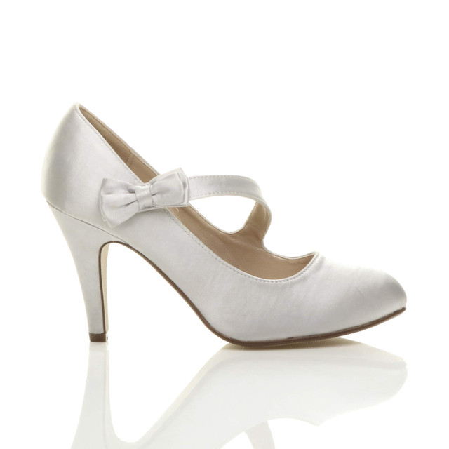 Right side view of Silver Satin High Heel Mary Jane Strap Bow Court Shoes