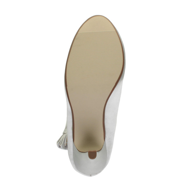 Bottom view of the sole of Silver Satin High Heel Mary Jane Strap Bow Court Shoes
