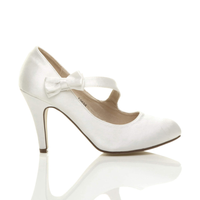 Right side view of White Satin High Heel Mary Jane Strap Bow Court Shoes