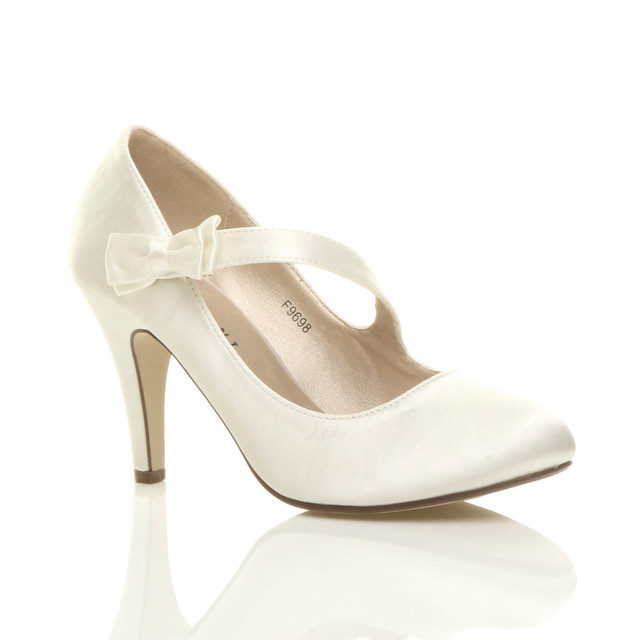 Front right side view of Ivory Satin High Heel Mary Jane Strap Bow Court Shoes
