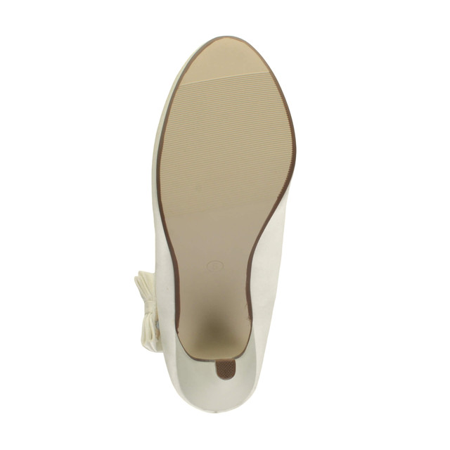 Bottom view of the sole of Ivory Satin High Heel Mary Jane Strap Bow Court Shoes