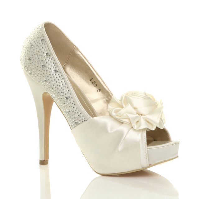 Front right side view of Ivory Satin High Heel Flower Diamante Peep Toe Platform Shoes