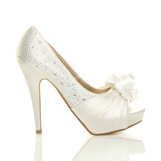 Right side view of Off White Satin High Heel Flower Diamante Peep Toe Platform Shoes